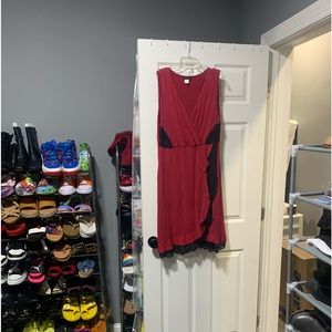 Deep red and black faux wrap dress